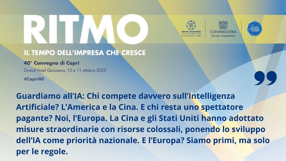 Per le sfide epocali di oggi la risposta non può che essere europea. Vale anche per l’industria. Le politiche nazionali non bastano per stare al passo con Stati Uniti e Cina. Occorrono politiche europee per diventare imprese di scala europea - #Capri40 <a href="/MariaAnghileri/">Maria Anghileri</a>