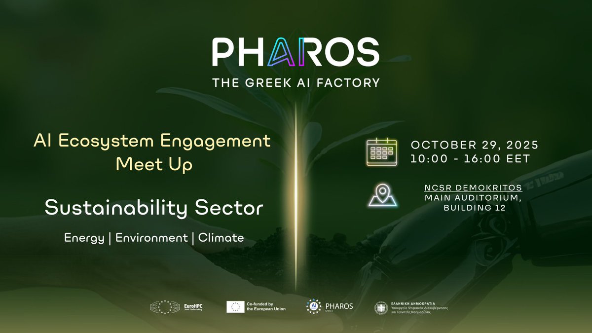 📢 Save the Date!

#PHAROSAIFactory announces the #AI Ecosystem Engagement Meet Up: Sustainability Sector

📅Oct 29, 2025 | 10:00–16:00 EET
📍NCSR Demokritos – Main Auditorium
🔗Register: bit.ly/43aqNjr
📑Info: bit.ly/48p4hac

#AIFactory_Pharos #AIFactories #HPC