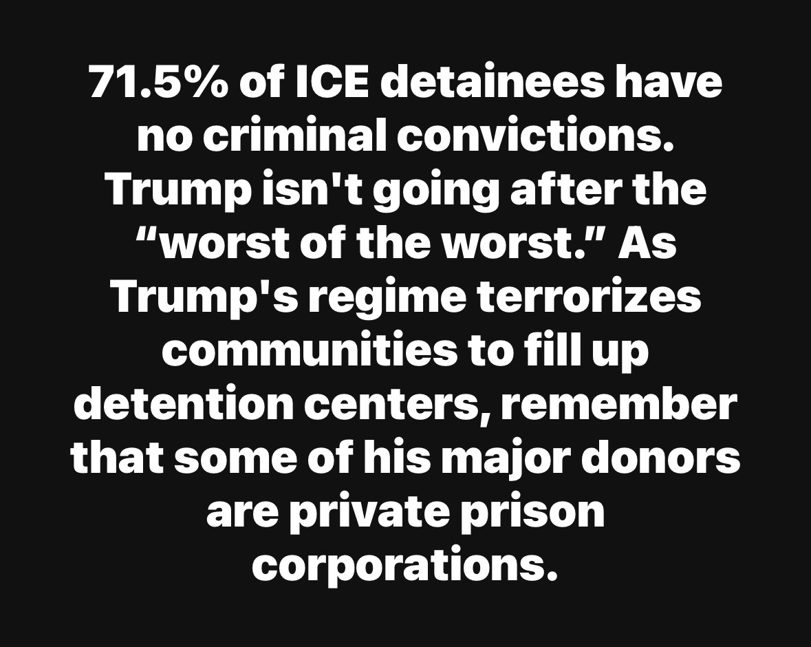 Black background with white text stating 71.5 percent of ICE detainees have no criminal convictions, criticizing Trump for not targeting the worst offenders, noting his regime terrorizes communities to fill detention centers, and mentioning major donors are private prison corporations.