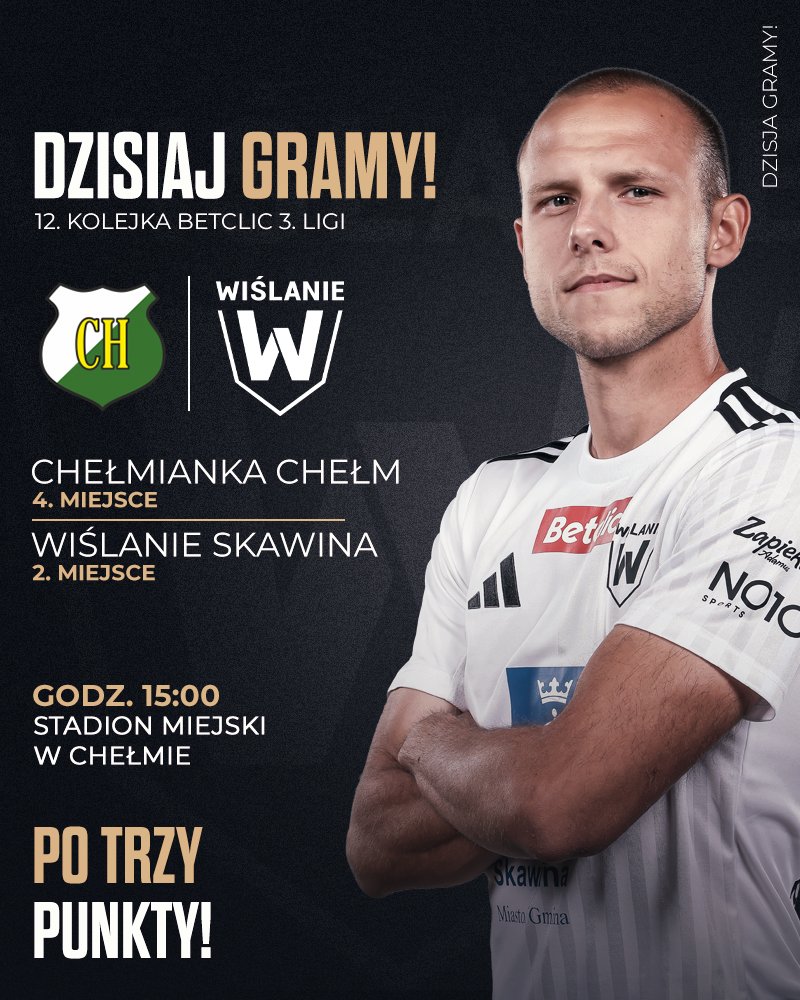 DO BOJU WIŚLANIE! ⚔

1⃣2⃣. kolejka <a href="/3Betclic10830/">Betclic 3 liga gr IV</a> 
🆚 Chełmianka Chełm
🕑 15:00
🏟️ Stadion Miejski w Chełmie
📺 Transmisja: tiny.pl/0v9y27v7

#SiłaSkawiny ⚪️⚫️