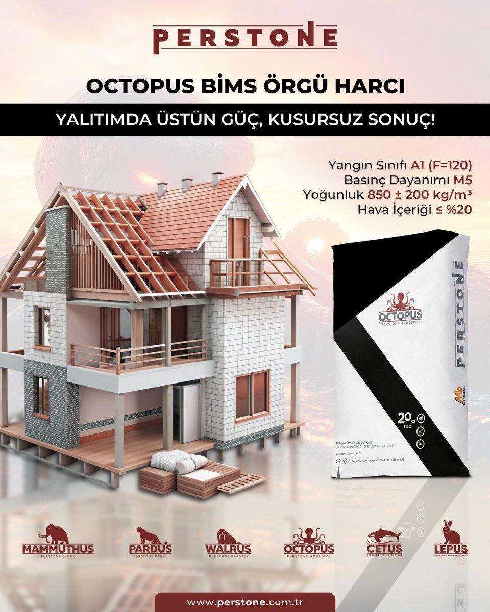 Perstone’un perlit içerikli Octopus Bims Örgü Harcı, yalıtımda üstün performans sunar. 850±200 kg/m³ yoğunluğa, M5 basınç dayanımına ve ≤ %20 hava içeriğine sahip olan bu ürün, A1 (F=120) yangın sınıfına sahip olmasıyla yangın tehlikelerine karşı en üst düzeyde koruma sağlar.