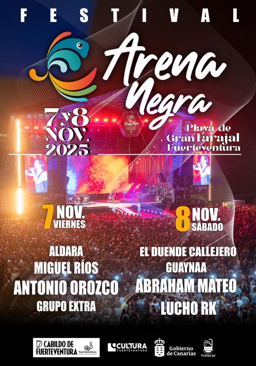 El otoño se baila en la playa de Gran Tarajal ❤️‍🔥🌊

El Festival Arena Negra 2025 ya tiene cartel oficial 🔥con grandes nombres de la música nacional e internacional 👏🏼

‼️ Recuerda: el acceso es gratuito.
Solo faltas tú para vivirlo 💥

#arenanegra25 #fuerteventura #festivalmood