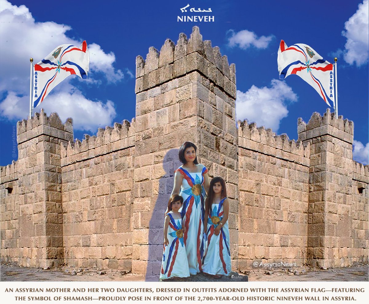 TodayAssyria's tweet photo. An Assyrian mother and her two daughters, dressed in outfits adorned with the Assyrian flag—featuring the symbol of Shamash—proudly pose in front of the 2,700-year-old historic Nineveh Wall in Assyria.
#Nineveh #Assyria #AssyrianFlag #Shamash #Ashur #NinevehWall #Assyrian https://t.co/Y8CSGJtLdg