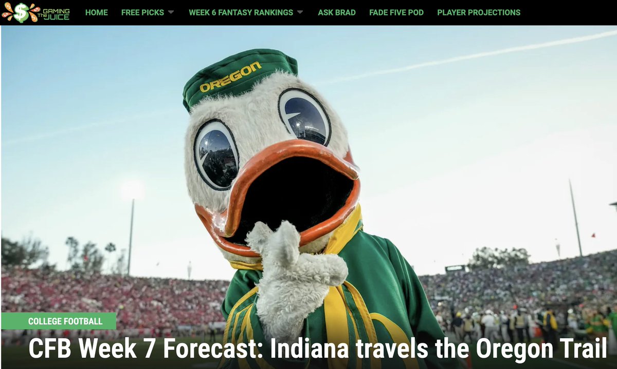 NoisyHuevos's tweet image. Fresh college football plays on The Gaming Juice!

Read #sportsbetting picks ahead of Week 7 from @Matt_Fortuna, @BenWittenstein and @natejacobson1 -- including action in Indiana/Oregon. 

Oh, and it&apos;s FREE!

thegamingjuice.com/2025/10/09/wee…
