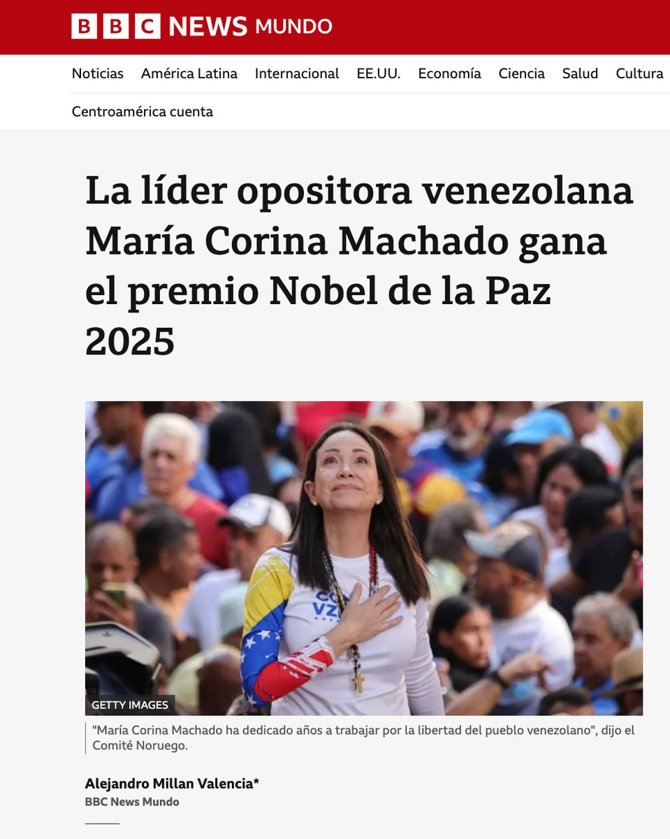 La golpista María Corina Machado, se lleva el Premio Nobel de la Paz, lo cual dice mucho de la podrida élite globalista que otorga ese "premio".

La misma aliada de Trump y Netanyahu, que en 2018, pidió ayuda al ente GENOCIDA Israel para derrocar al gobierno de Venezuela.