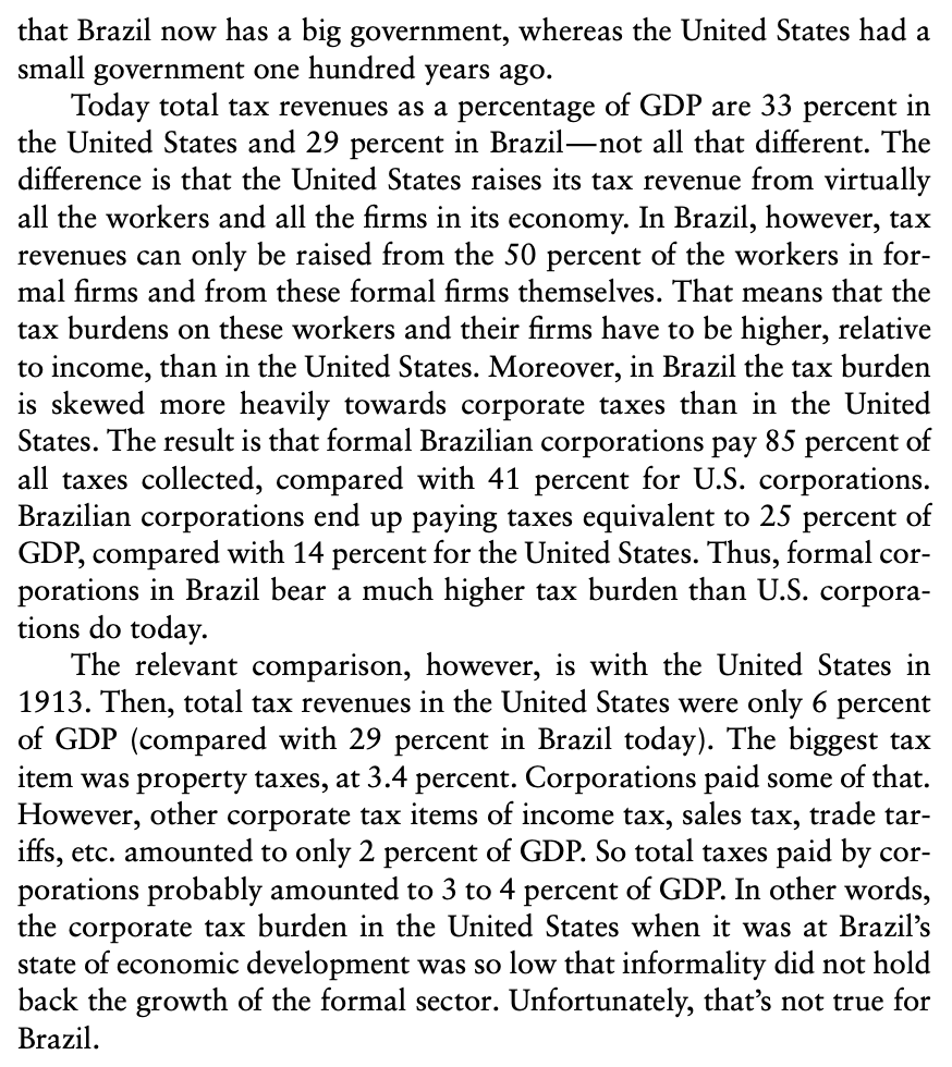 phl43's tweet photo. In The Power of Productivity, William Lewis argues that one reason poor countries have a hard time developing is that it's hard for high-productivity firms in the formal sector to displace low-productivity businesses in the informal sector, because compared to developed countries in the past developing countries today have a much larger state and a tax system that falls more on corporations, which means that firms in the formal sector in poor countries today face a much higher tax burden than similar firms in developed countries did in the past.

This prevents firms in the formal sector from taking advantage of their higher productivity to successfully compete with businesses in the informal sector, because unlike them the latter don't pay taxes, which makes up for their low productivity and allows them to offer competitive prices. I find that mechanism very plausible and I had never thought about it before, but I wonder if anyone has tried to test it more rigorously and to quantify how much it can explain of the lack of convergence between poor and rich countries.