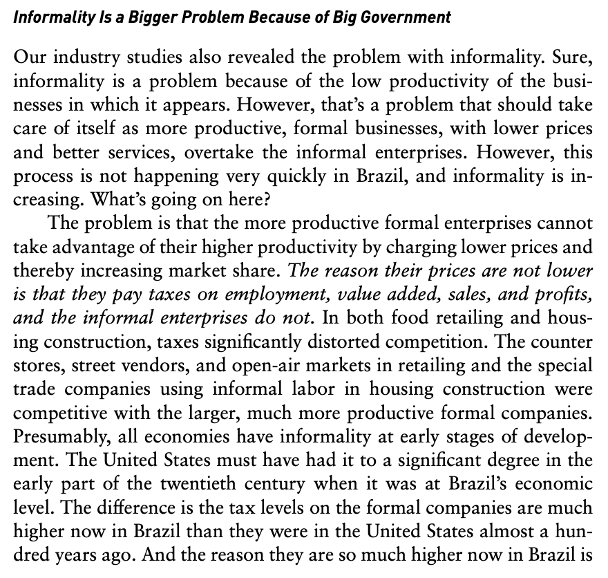 phl43's tweet photo. In The Power of Productivity, William Lewis argues that one reason poor countries have a hard time developing is that it's hard for high-productivity firms in the formal sector to displace low-productivity businesses in the informal sector, because compared to developed countries in the past developing countries today have a much larger state and a tax system that falls more on corporations, which means that firms in the formal sector in poor countries today face a much higher tax burden than similar firms in developed countries did in the past.

This prevents firms in the formal sector from taking advantage of their higher productivity to successfully compete with businesses in the informal sector, because unlike them the latter don't pay taxes, which makes up for their low productivity and allows them to offer competitive prices. I find that mechanism very plausible and I had never thought about it before, but I wonder if anyone has tried to test it more rigorously and to quantify how much it can explain of the lack of convergence between poor and rich countries.