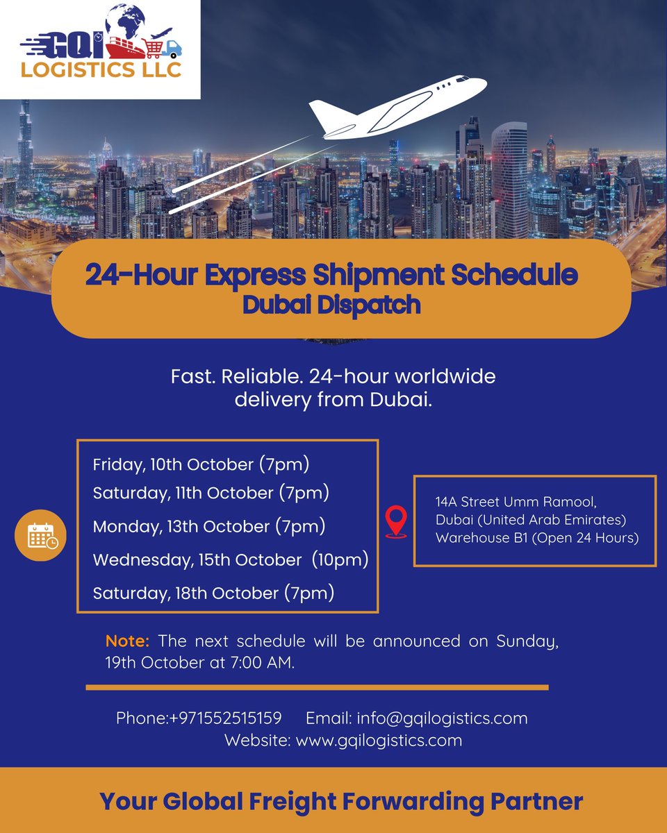 GetQuickIntern1's tweet image. 24-Hour Express Shipment Schedule Dubai Dispatch

#shipment #dubailogistics
#expresscargo