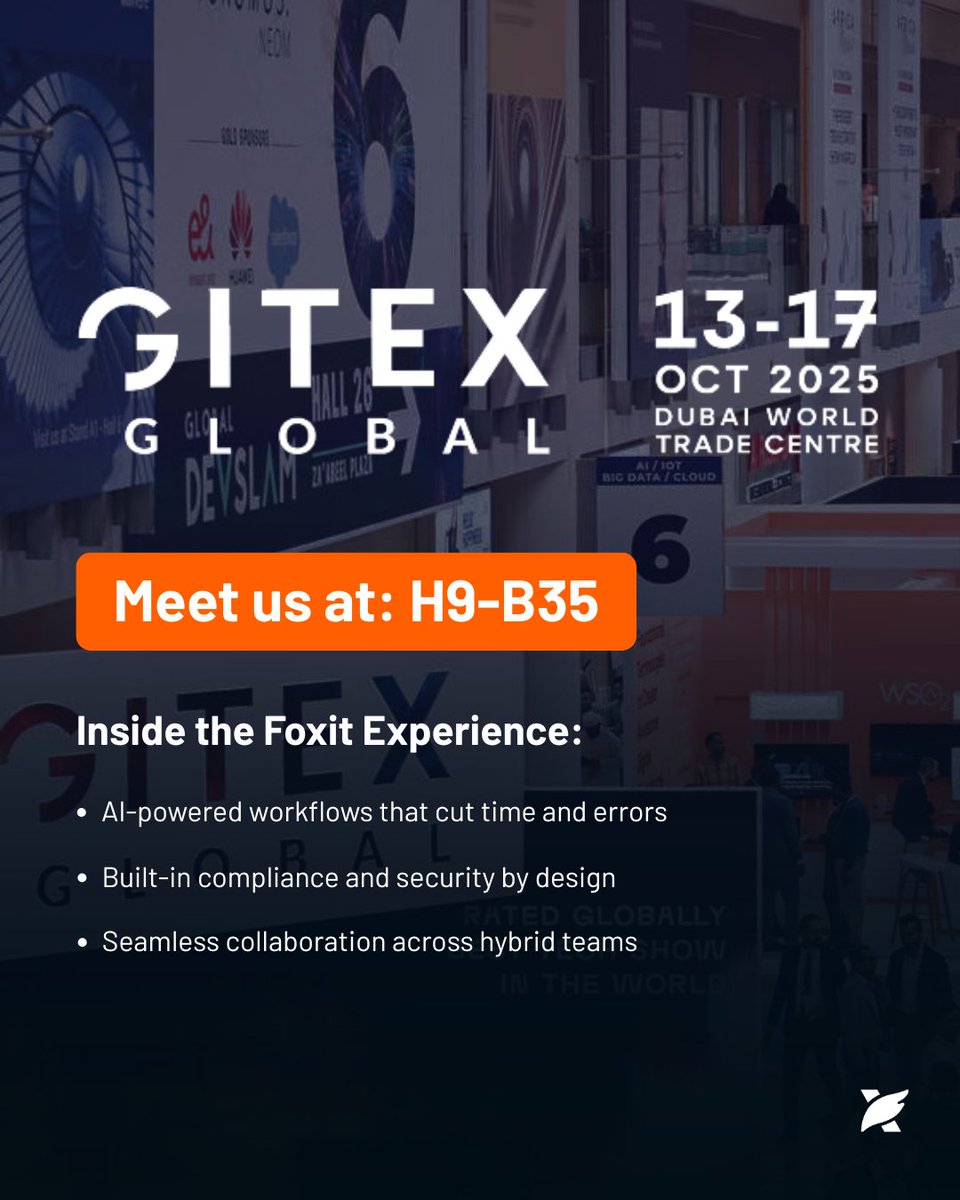 foxitsoftware's tweet image. We’re heading to Dubai for one of the world’s biggest tech events: #GITEXGlobal2025 (Oct 13–17),  and we can’t wait to see you there!

Join us at Hall 9, Booth B35 and step inside the Foxit experience, where AI, automation, and security come together to redefine productivity.