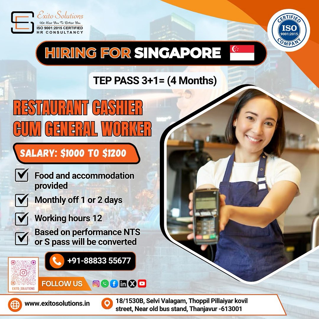 exitoashwin's tweet image. Hiring for Singapore 
TEP PASS
CALL 8883355677

#exitosolutions #thanjavur