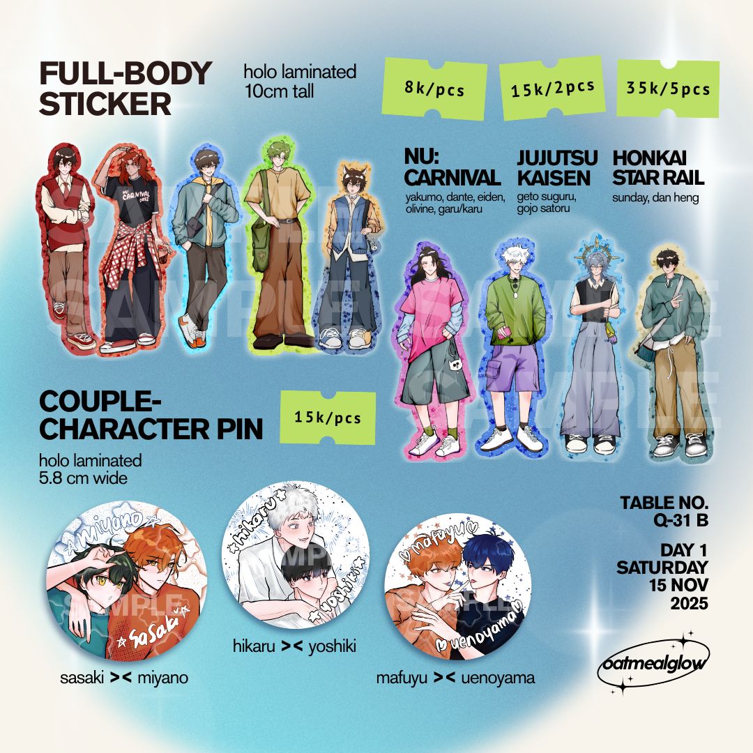 bamtherine's tweet image. ▸ &amp;lt;𝟑 &amp;amp; ↻ appreciated ˎˊ˗
𐔌՞. .՞𐦯 Cat&apos;s ⋆ #cf21catalogue ˎˊ˗

⋆ nu carnival, jjk, hsr, sasaki miyano, given, link click, junjo romantica, haikyu, plave, the summer hikaru died, utsukushii kare ࿔

⋆ ots only!
⋆ day 1: sat, 15 nov &apos;25
⋆ table: Q 31-B

#cf21 #cfxxi