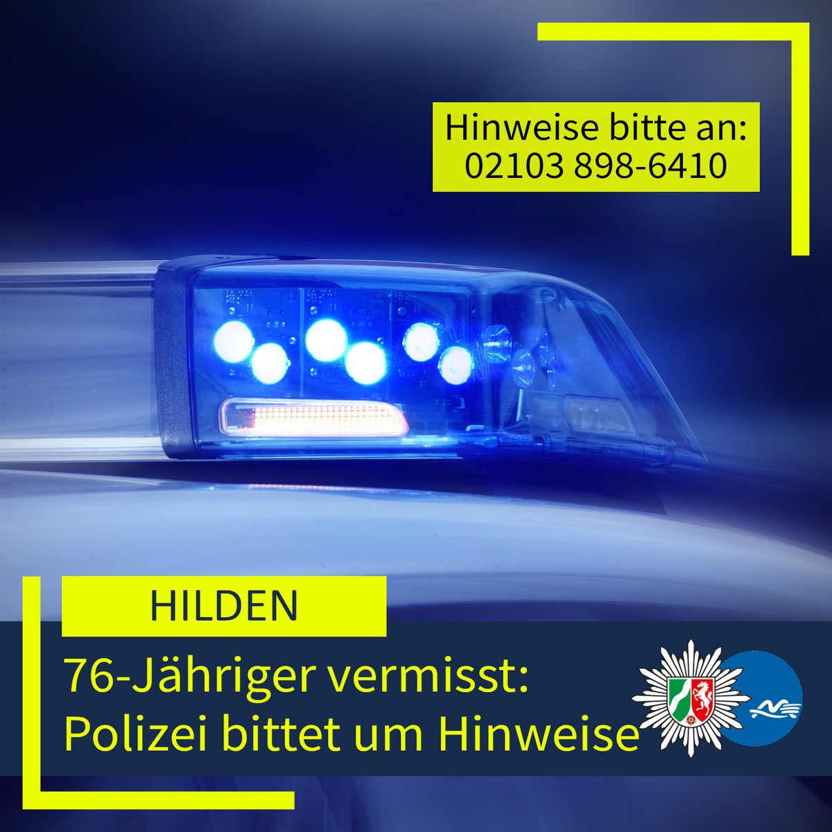 #Hilden: Vermisstenfahndung: Polizei sucht nach 76 Jahre altem Hildener. ▶️ Hier geht es zu unserer #Pressemeldung samt einer Beschreibung des #Vermissten: 📝 presseportal.de/blaulicht/pm/4…. #PolizeiME👮