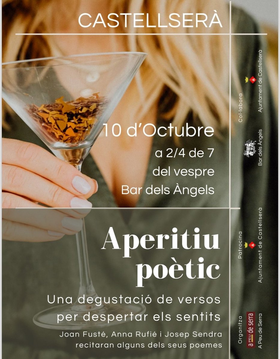 Us recordem que avui divendres, a les 18.30h, al Bar dels Àngels tindrà lloc el 2n aperitiu poètic organitzat per la revista A Peu de Serra amb la col·laboració de l'Ajuntament.

Us hi esperem!