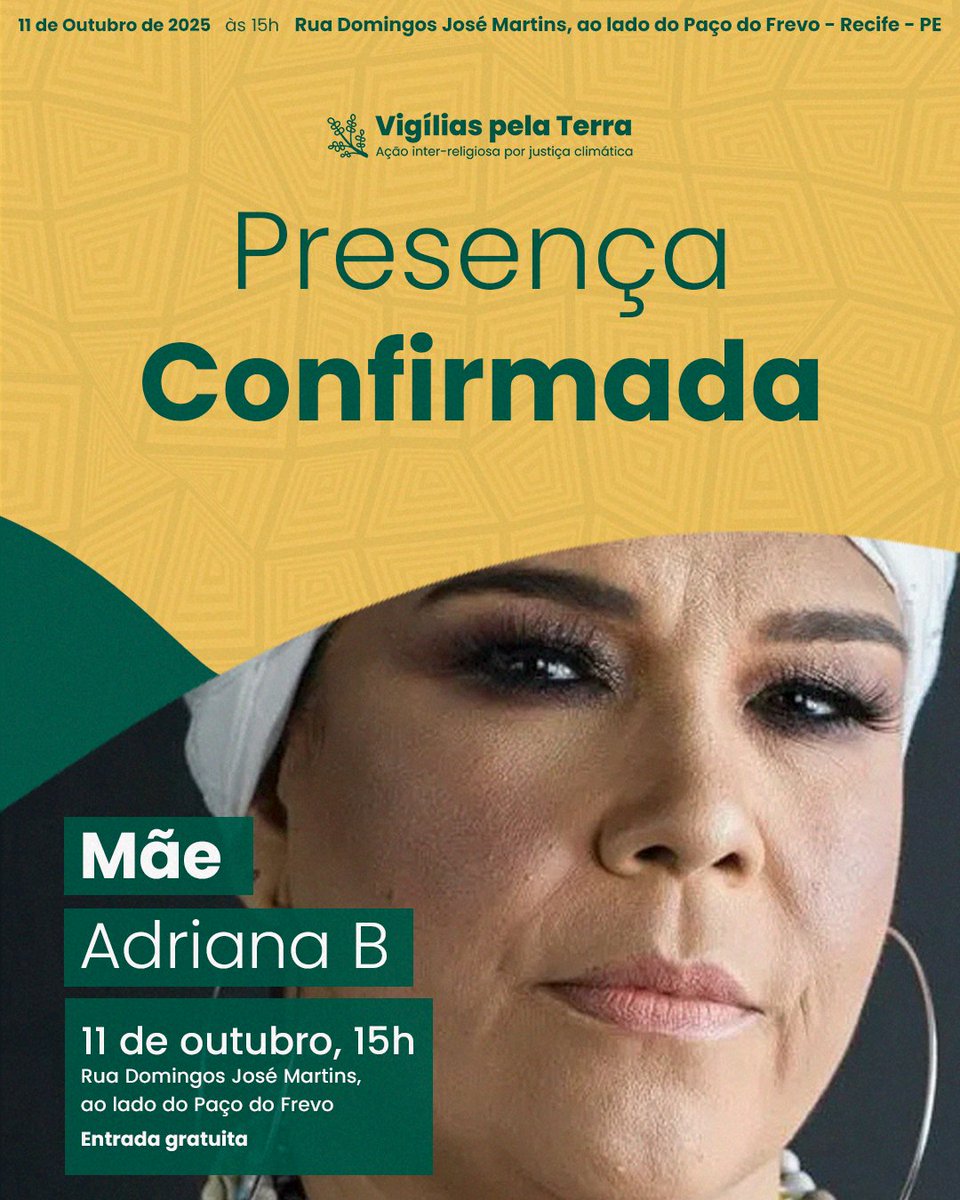 Mãe Adriana B é atração confirmada na Vigília pela Terra em Recife 💙

Participe conosco!

✨ 11 de outubro
📍 Rua Domingos José Martins, ao lado do Paço do Frevo - Recife
📅 15h