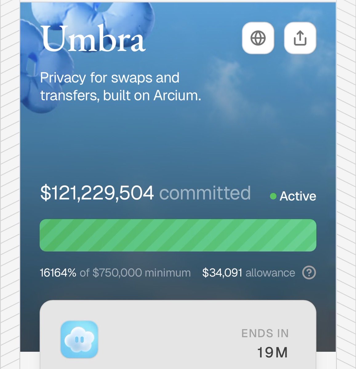 Umbraのプレセールのスクリーンショット（コミット額1億2100万ドル超を表示）
