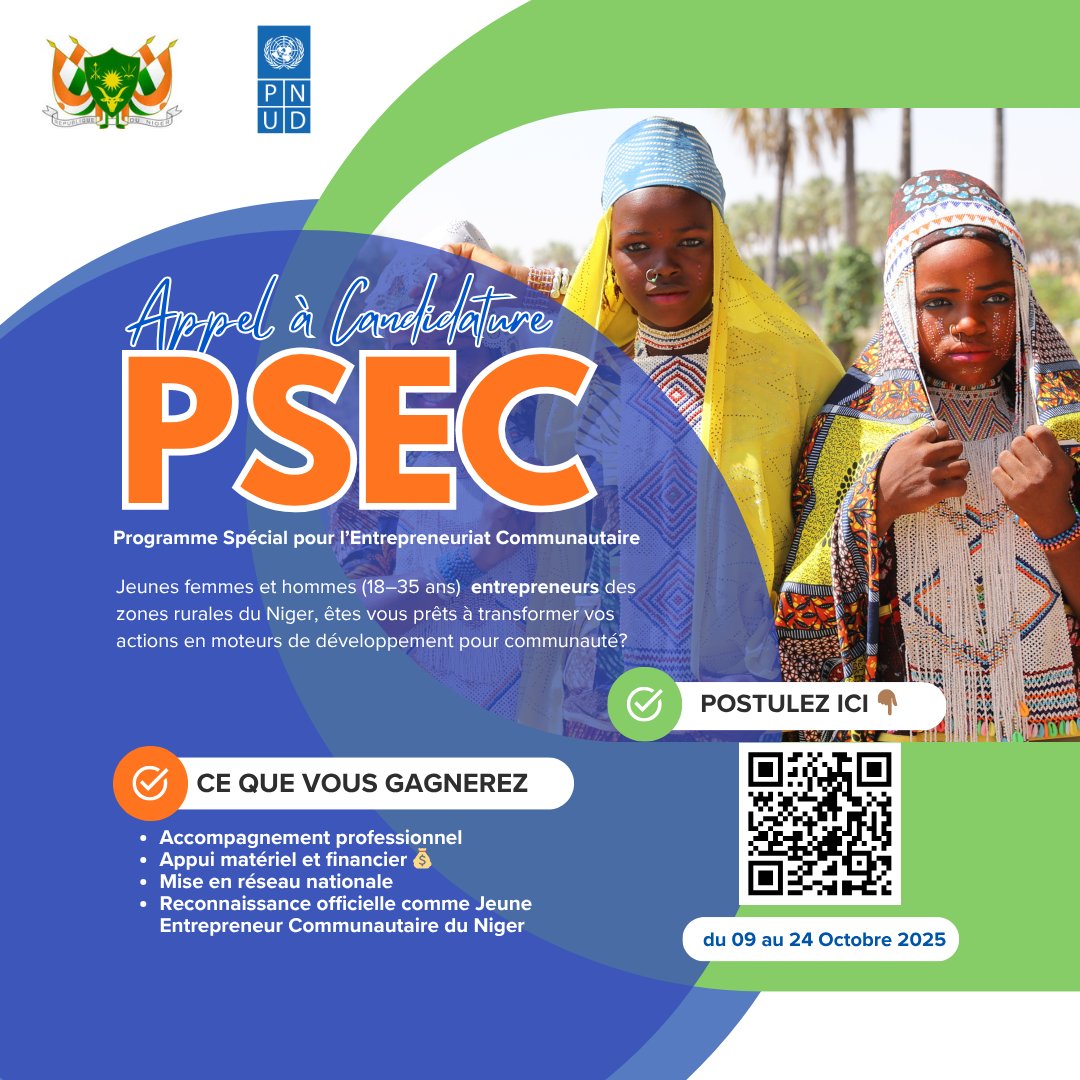 PnudNiger's tweet image. 🌱Es -tu un(e) jeune entrepreneur(e) du Niger ?

Veux - tu donner plus d’impact à ton activité, et la transformer en moteur du développement dans ta communauté?

🔗Postule au Programme Spécial pour l’Entrepreneuriat Communautaire : 👉twopec-jef.co-niger.ne

📅 24 Octobre 2025