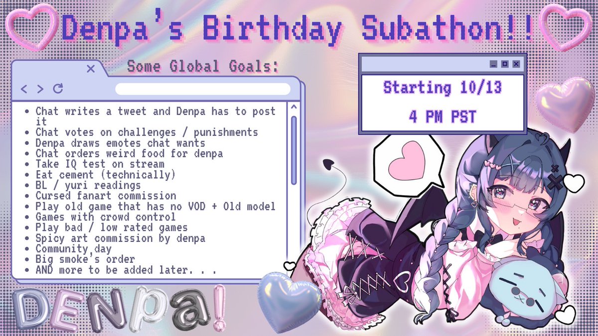 its happening guys!!! starting on my birthday, I'll be doing an uncapped subathon!! i'm still working out the goals, so bear with me, but I wanted to announce me coming back with this post!! thank you all for waiting for me (ノω&lt;。)ノ))☆.。