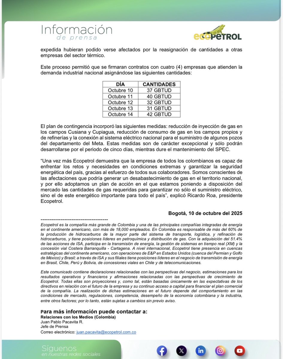 Ante el mantenimiento de la regasificadora Spec LNG desde el 10 al 14 de octubre de 2025, en <a href="/ECOPETROL_SA/">Ecopetrol</a> adoptamos un riguroso plan para poder atender la demanda industrial y de los generadores térmicos con aproximadamente 71 GBTUD de gas. 

Este plan de Ecopetrol atiende a los