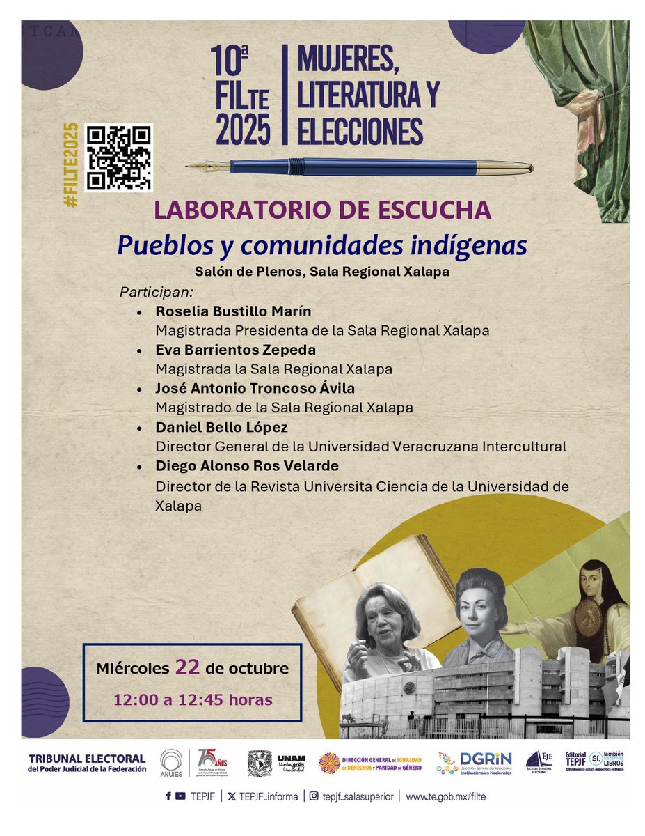 EditorialTEPJF's tweet image. El 22, 23 y 24 de octubre te esperamos en la 10 edición de la Feria Internacional del Libro del Tribunal Electoral del Poder Judicial de la Federación. ¡No faltes! te.gob.mx/fil/ #FILTE #MujeresEscritoras @UNAM_MX @LiteraturaUNAM
@ANUIES #TEPJF @TEPJF_XAL