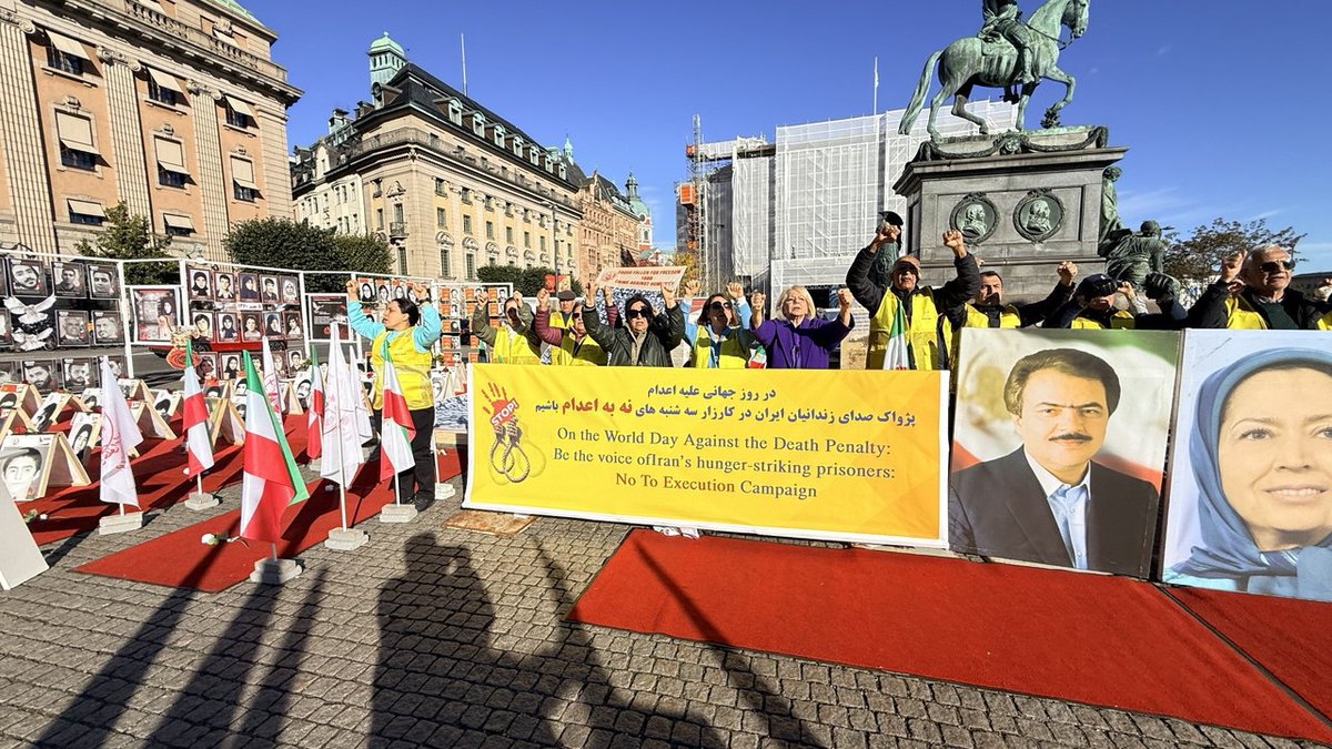 4FreedominIran's tweet photo. 5-Stockholm, Oct 10, 2025: MEK supporters rallied outside Swedish Swedish FM on #WorldDayAgainstTheDeathPenalty, condemning #Iran's executions. They demand #NoDeathPenalty for prisoners, their immediate release & regime accountability!
#StopExecutionsInIran #FreePrisoners https://t.co/I1LCWetbka