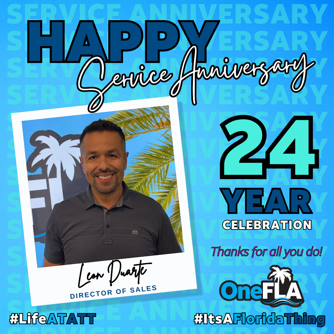 One_FLA's tweet image. OneFLA- Help us to Celebrate Leon Duarte’s Director of Sakes in Orlando Florida 24th year Service Anniversary with #LifeAtATT 

Thank you for your leadership in all that you do. 

#OneFLA 😎🌴#LifeAtATT #ItsAFloridaThing