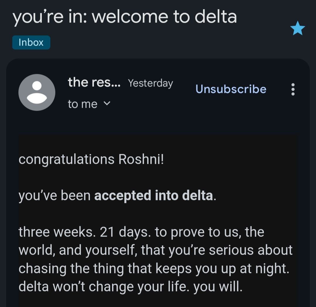 rsnkyx's tweet image. i’m in.🚀

accepted into delta — where builders turn ambition into action.

3 weeks. 
21 days. 
infinite possibilities.

let’s make something that outlives the hype.

@_TheResidency 

#Builder #Delta #21DaySprint #BuildInPublic