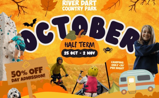 Adventure awaits this October Half Term at River Dart Country Park. There's 50% OFF Day Admission and camping from just £30 per night. Try the Dartmoor Bike Park and Dare Devil Activities (additional cost). Bring the family &amp; explore the great outdoors. #riverdartcp #visitdevon