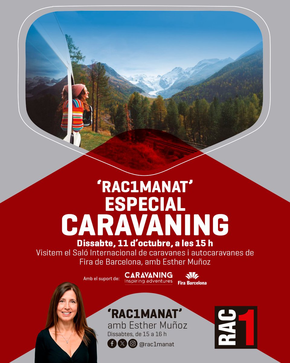 📻 Demà farem CARAVANING al <a href="/Caravaningbcn/">Salón Caravaning</a> <a href="/Fira_Barcelona/">Fira Barcelona</a>
🎙Parlarem amb persones que viuen a la seva camper <a href="/vnvida/">ViajandoNuestraVida</a> , tindrem recomanacions per viure aquesta experiència viatgera, rutes per tot el món amb <a href="/IslandToursES/">IslandTours</a> i 📚 amb <a href="/altairviatges/">Altaïr</a> <a href="/altairmagazine/">Altaïr Magazine</a> <a href="/esther_munoz12/">Esther Muñoz</a>