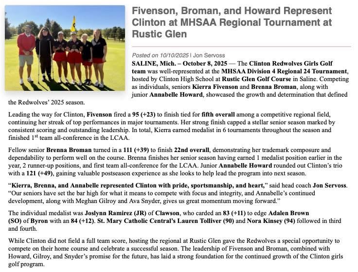 🏌️‍♀️ REDWOLVES AT REGIONALS ⛳️ 🐺 

Kierra Fivenson – 95 (T-5th)
🏅 6-time Medalist 
🏆 1st team all-conference

Brenna Broman – 111 (22)
🏅 1 Medalist
🏆 1st team all-conference

Annabelle Howard – 121 (35)

<a href="/ClintonAthletic/">Redwolves Athletics 🐺</a> <a href="/965TheCave/">96.5 The Cave</a> <a href="/LenaweeLodes/">Kristopher Lodes</a>