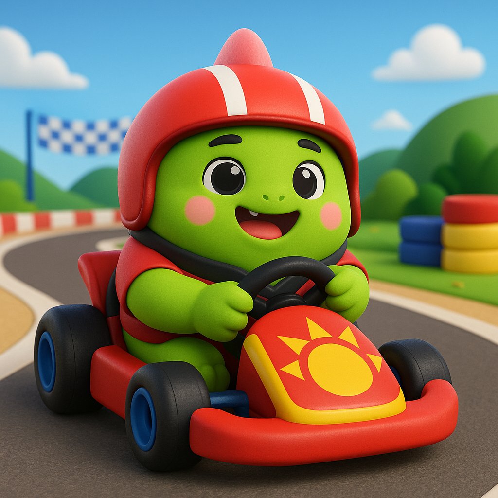 Racer Dino speeds down the track in his bright go-kart with a shining sun emblem! 🦖🔥 Wearing a red helmet and a big smile, he grips the wheel, ready to cross the finish line first. Around him, the colorful track and racing spirit fill the scene.
