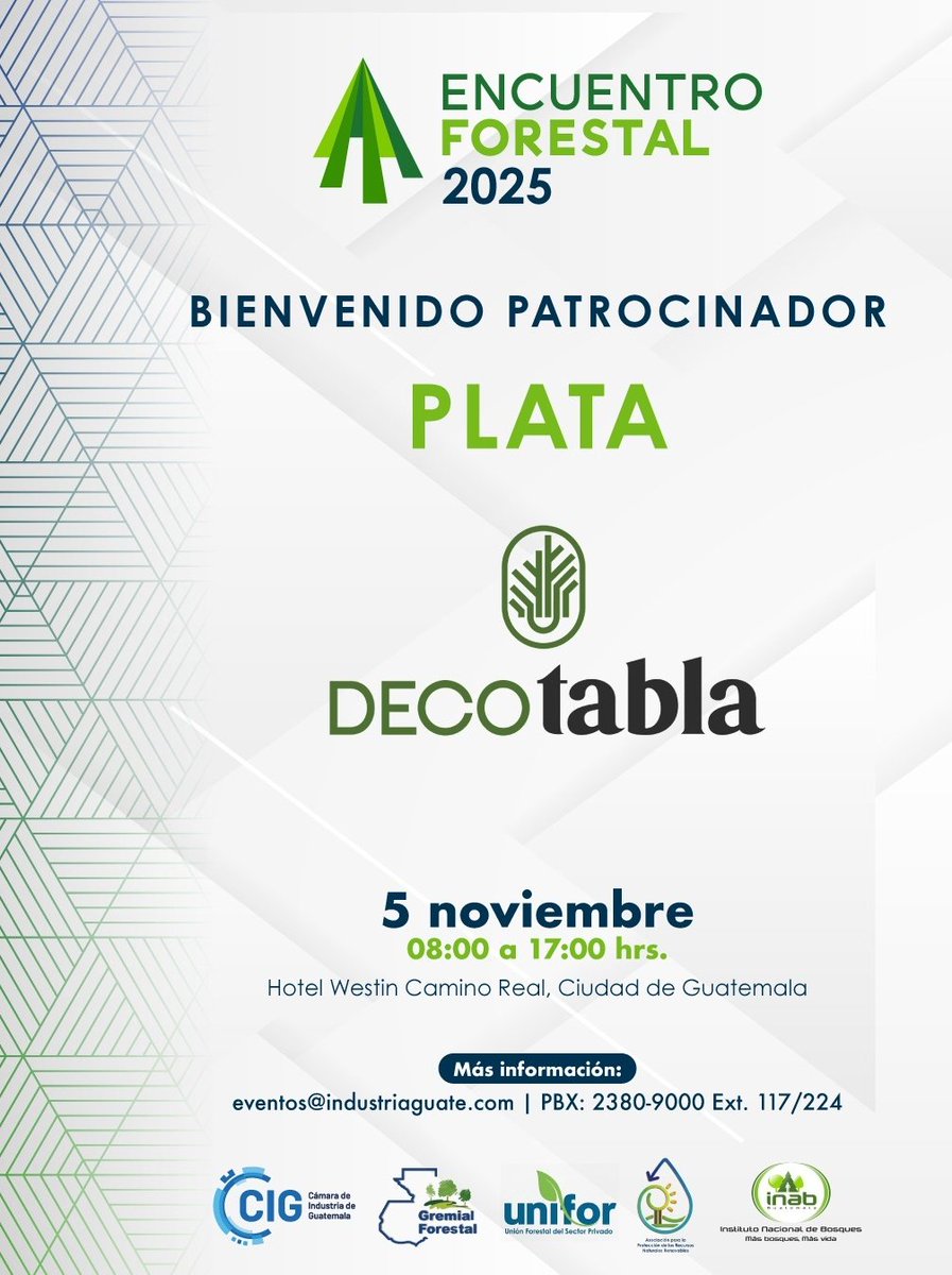 Bienvenido nuestro patrocinador plata, Tableros de Aglomerado, al #EncuentroForestal2025 🌲🌳🌲

Conócelos: tablerosdeaglomerado.com.gt 

Adquiere tu entrada aquí: eventos.industriaguate.com/inscripcion/19… 

🗓 Miércoles, 5 de noviembre
⏰ 08:00 - 17:00 horas
📍 Hotel Westin Camino Real