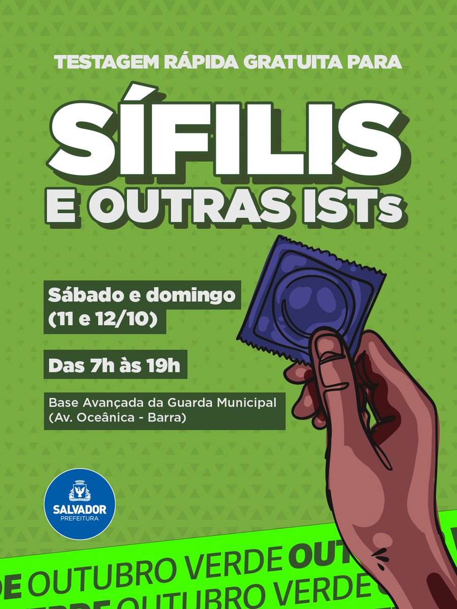 Bora procurar se cuidar? Neste fim de semana, vamos ter uma grande mobilização para testagem de sífilis e outras ISTs, na Barra. Nossas equipes estarão à disposição para realizar os testes com sigilo total, orientar sobre prevenção e, quando necessário, indicar acompanhamento.