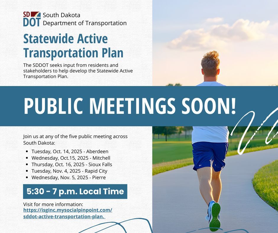 The South Dakota Department of Transportation (SDDOT) seeks input from residents and stakeholders to help develop the Statewide Active Transportation Plan. 
 
Information is available on the website at
isginc.mysocialpinpoint.com/sddot-active-t…. 
 
#SDDOT #SD511