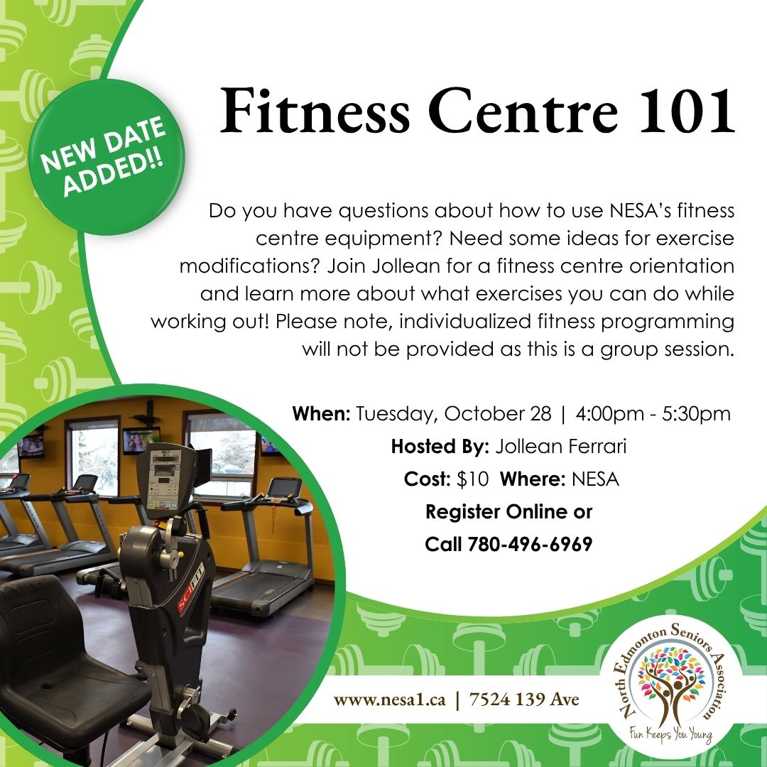 A new date has been added for NESA’s Fitness Centre 101! Have questions about the equipment or need exercise ideas? Join Jollean for this group session to learn what exercises you can do while working out. 

👉 Register online ow.ly/zL8S50X8ONg or call 780-496-6969