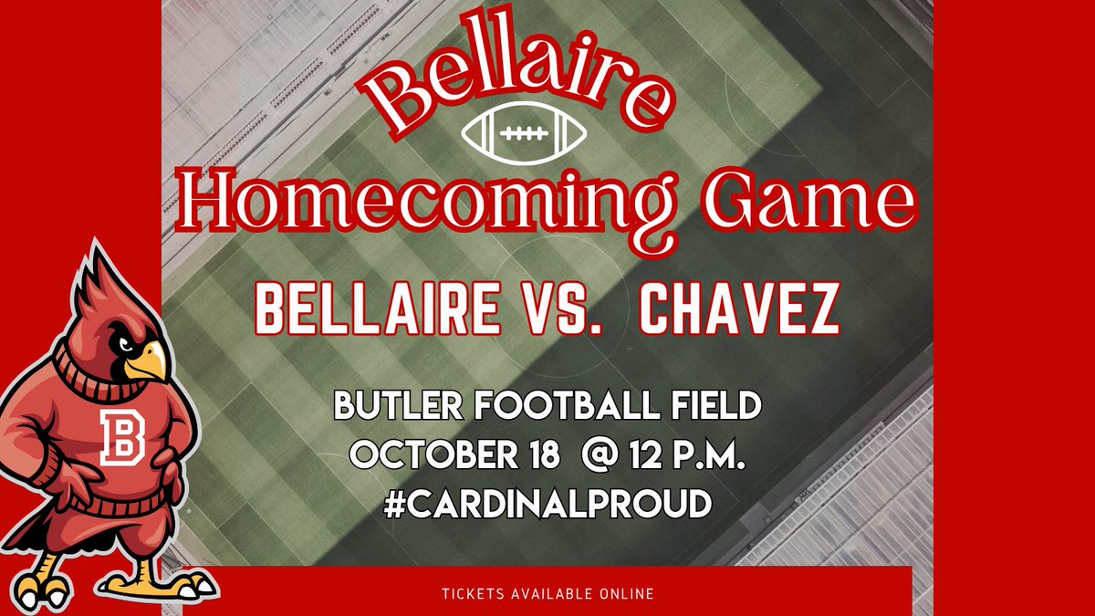 Homecoming is October 18th. We hope to fill our stands with parents, students, and alumni! .  Come out and cheer on Bellaire Football, Cheer,  the Belles, Booster Club, Bird Keepers, JROTC, &amp; the Mighty Cardinal Band! #CardinalProud