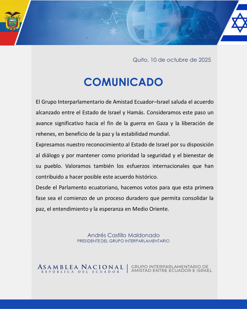 Embajador <a href="/sarid007/">Embajador Tzach Sarid</a>:

En mi calidad de Presidente del Grupo Interparlamentario de Amistad Ecuador - Israel  expreso mi satisfacción por el avance de las negociaciones para concluir el conflicto en Gaza.

Animo a que esos esfuerzos concluyan con una paz duradera en la zona.