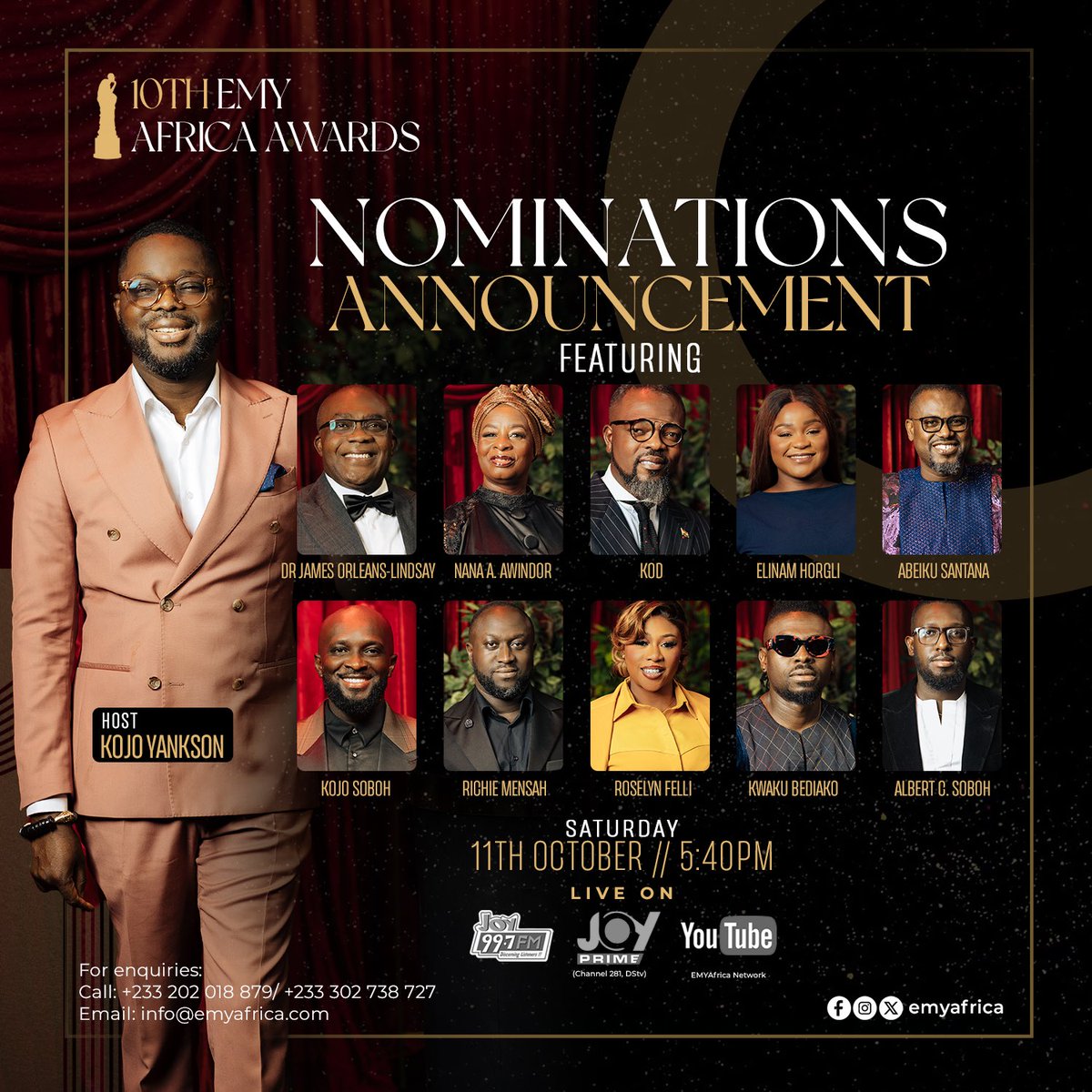 AbeikuSantana's tweet image. The stage is set. The 10th EMY Africa Awards nominations announcement is coming up this Saturday, 11th October at 5:40 PM GMT! @emyafrica

Join me and other incredible lineup of announcers as we unveil the nominees who have defined excellence this year.

Watch it live on…