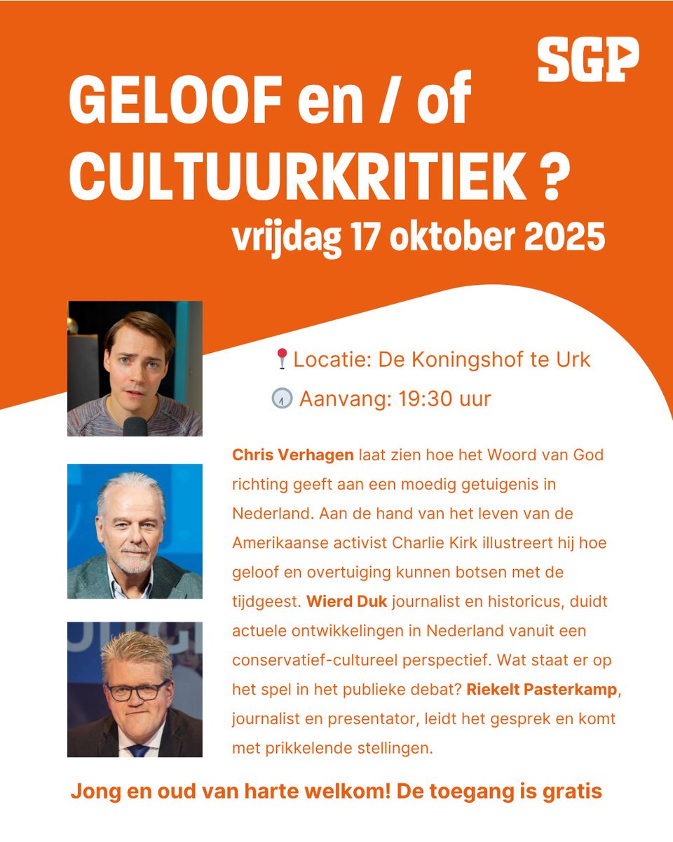 Geloof en/of Cultuurkritiek? Waar komt het op aan in deze tijd en wat kunnen we leren van Charlie Kirk? Vrijdag 17 oktober is er een open avond in de Koningshof waarin Chris Verhagen <a href="/CApologeet/">Christelijke Apologeet</a> in gesprek gaat met historicus en journalist <a href="/wierdduk/">Wierd Duk ܦܝܪܬ ܕܘܟ</a> Toegang is gratis. Komt allen!