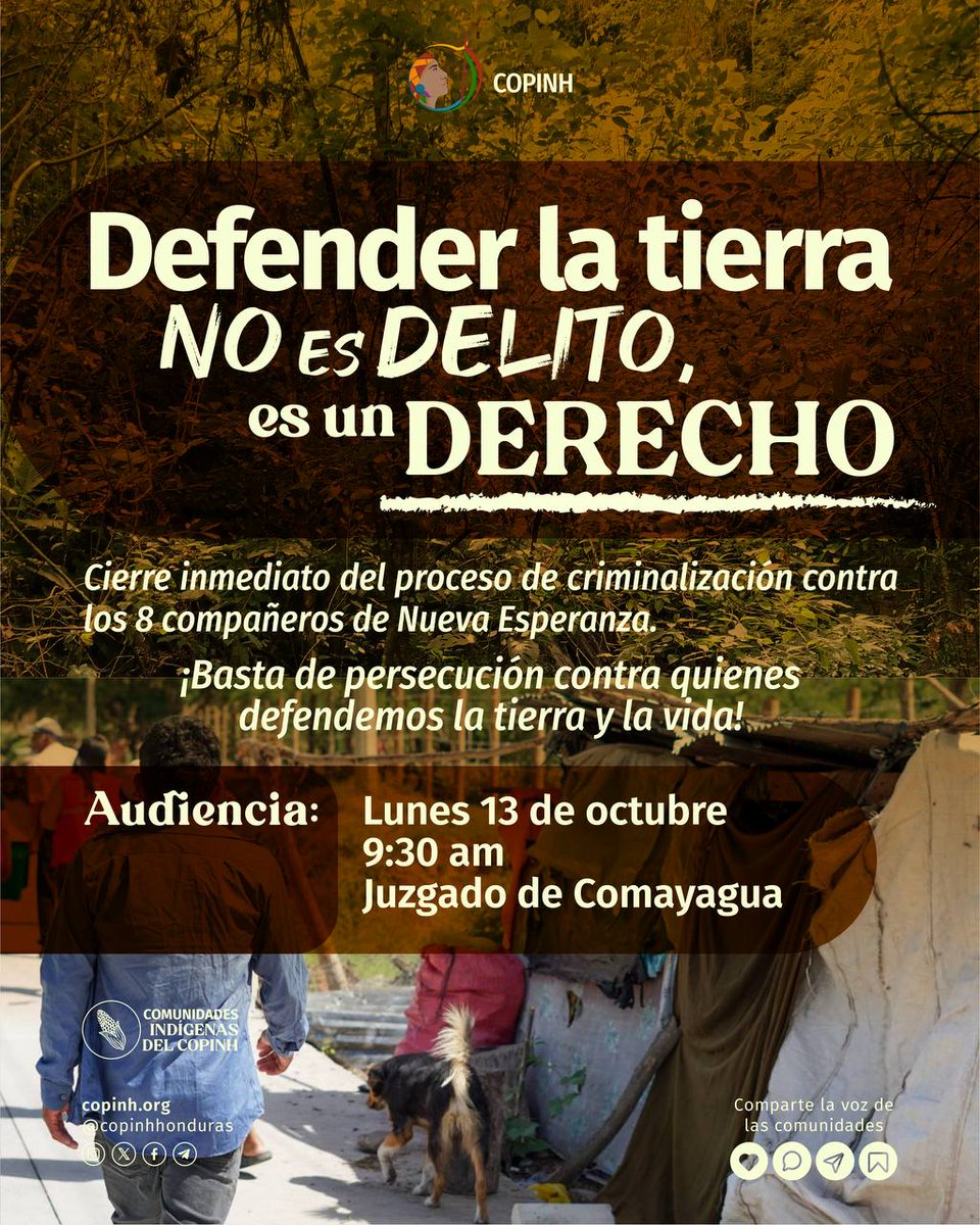 En Nueva Esperanza las familias necesitan la tierra para vivir, cultivar, construir sus casas y salir adelante.
Sueñan con un futuro digno para sus hijos, hijas, nietos y nietas

Defender la tierra no es delito es un derecho ¡Basta de persecución a defensores la tierra y la vida