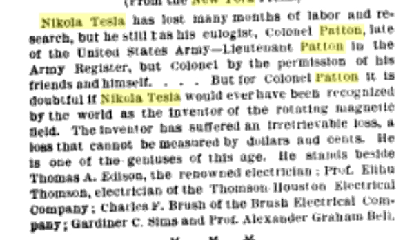 Black and white printed text document from 1895 detailing Nikola Teslas contributions to the rotating magnetic field invention, his suffered losses in dollars and cents, and endorsements by Prof. Thomas A. Edison of Thomas-Houston Electrical Company, Charles F. Brush of Brush Electrical Company, Gardener C. Sims, and Prof. Alexander Graham Bell, with mention of Colonel Patton Jr. of U.S. Army Register and his friends.