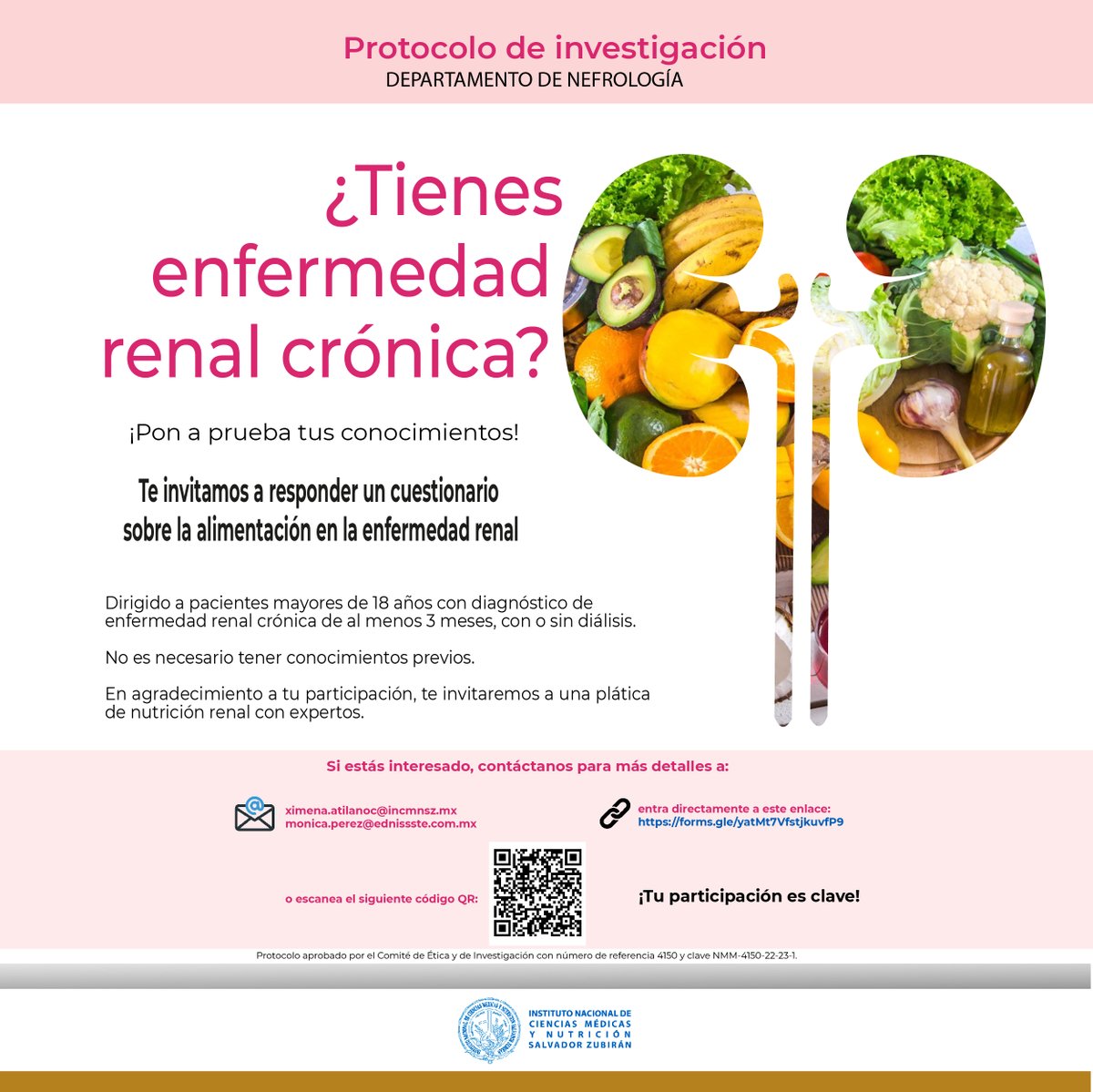 Te invitamos a responder un cuestionario sobre la alimentación en la enfermedad renal crónica.
Protocolo y cartel aprobado por el Comité de Ética y de Investigación.
Si estás interesado, participa:
docs.google.com/forms/d/e/1FAI…