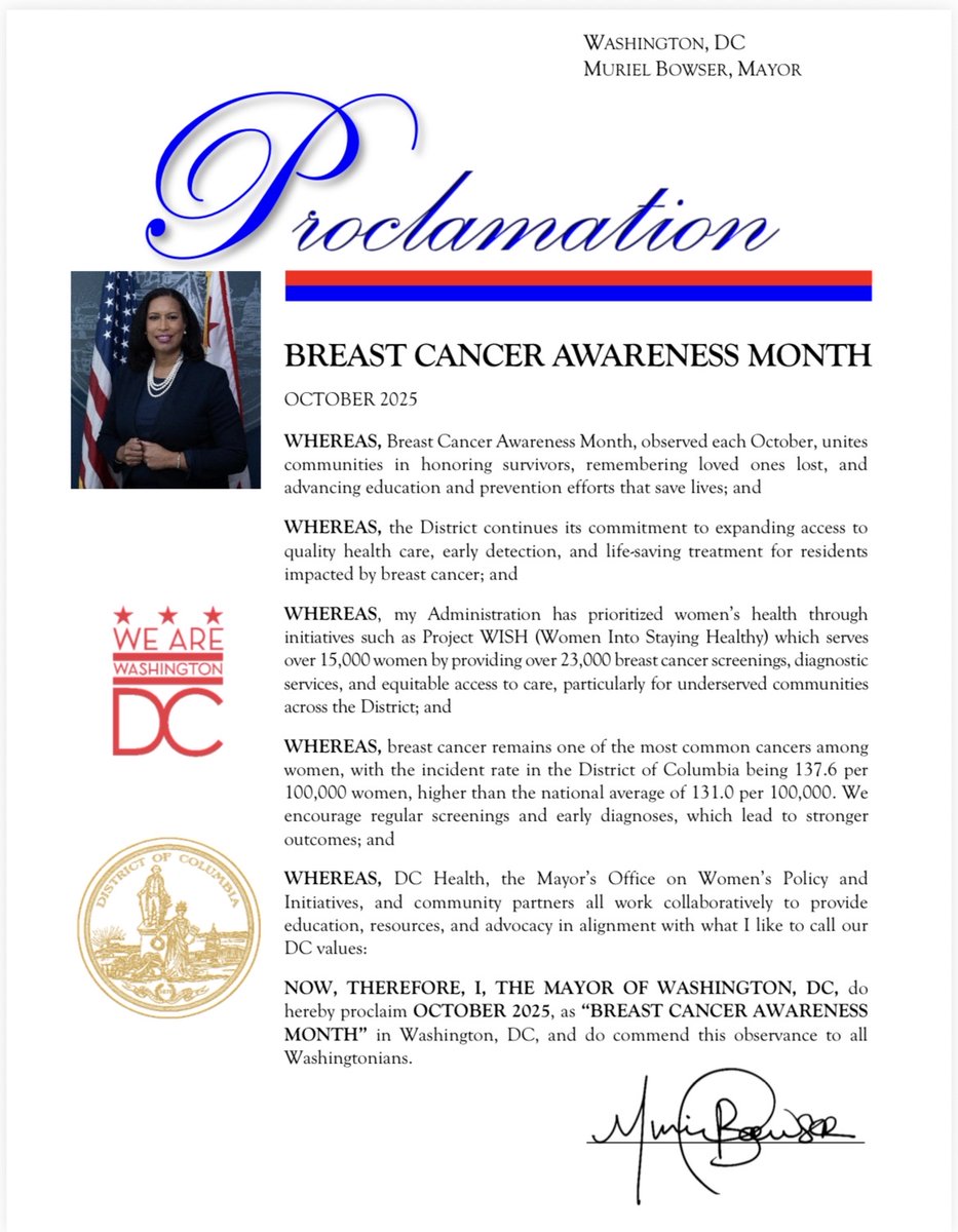 DCMOWPI's tweet image. Mayor Bowser has declared the month of October 2025 as Breast Cancer Awareness Month in Washington, DC. We are proud to honor survivors, remember loved ones lost, and advance screening and education efforts that save lives.