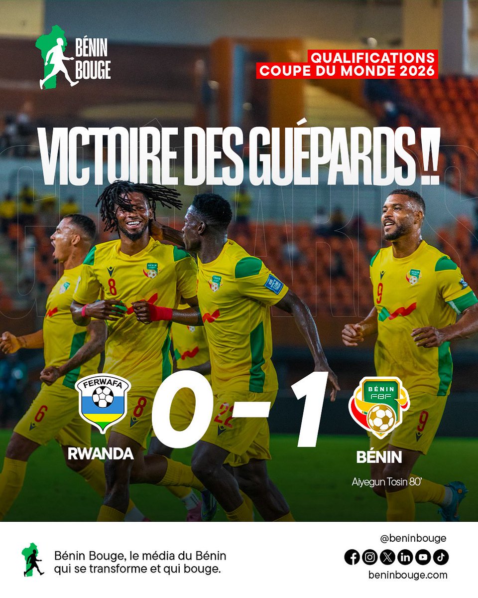 BeninBouge's tweet image. VICTOIRE DES GUÉPARDS 🇧🇯

Les Guépards du Bénin s’imposent 1-0 face au Rwanda lors de la 9ᵉ journée des éliminatoires de la Coupe du Monde FIFA 2026.

Une victoire précieuse qui propulse le Bénin en tête du Groupe C avec 17 points. 

Prochain objectif : confirmer cette belle…