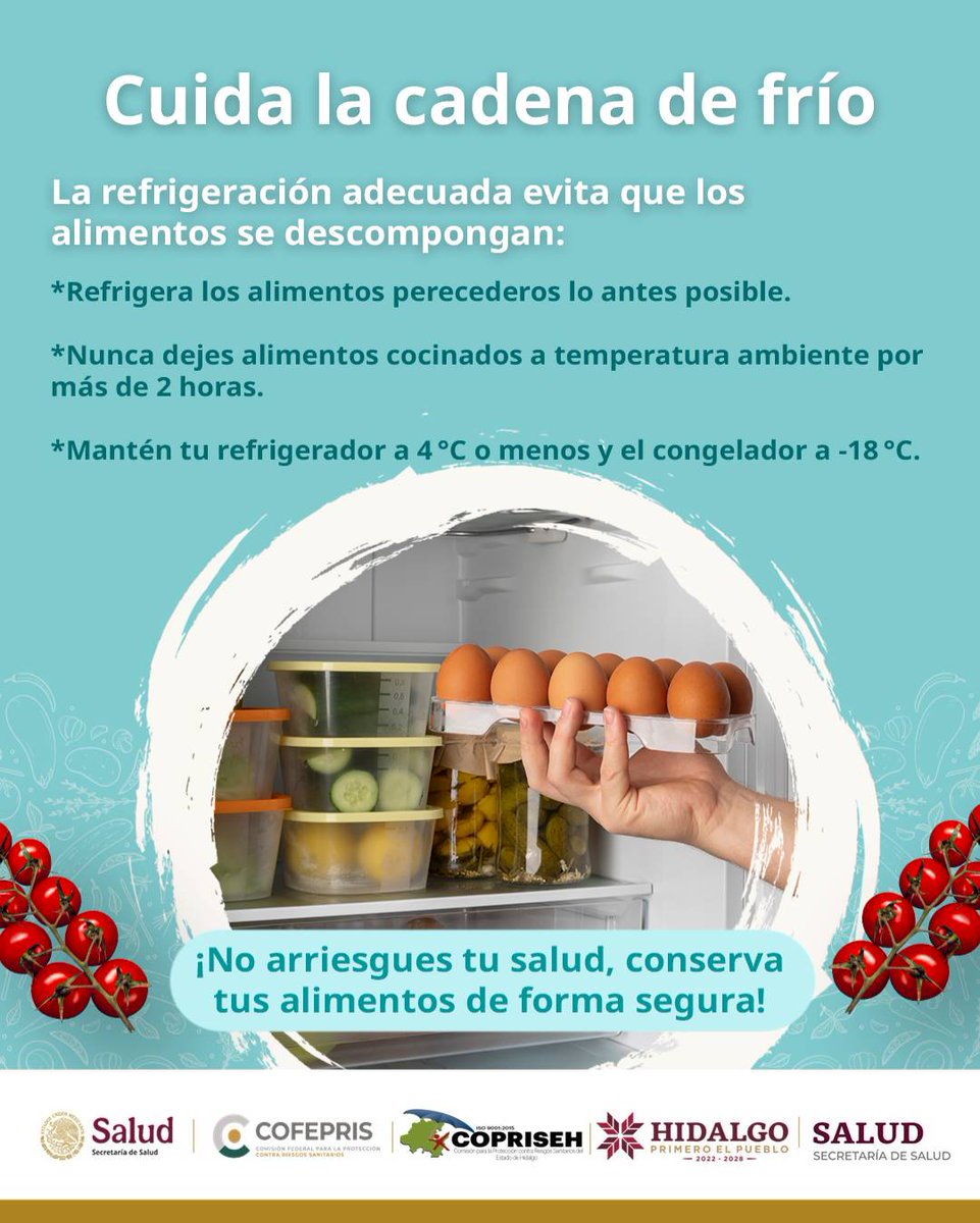 "Inocuidad: Alimento seguro, Salud protegida."
Dejar la comida fuera del refrigerador puede parecer inofensivo… pero es muy riesgoso. 
👉 Refrigera los alimentos cocinados en máximo 2 horas y mantén la cadena de frío.
¡Así evitas su descomposición  y desperdicio!