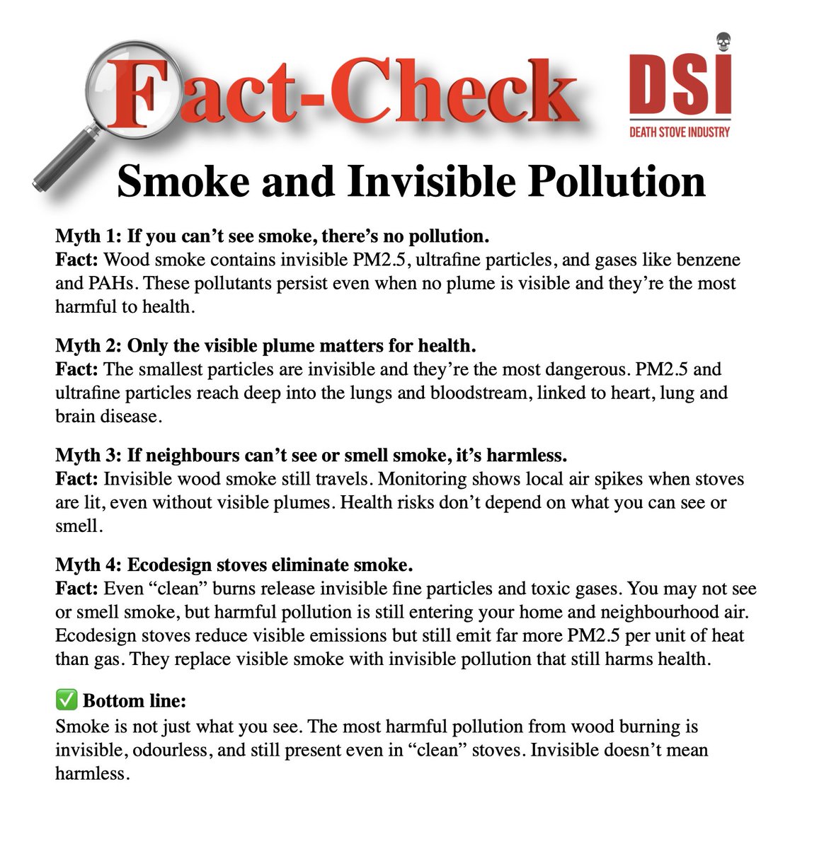 Invisible wood smoke from any stove, including “clean” Ecodesign models, contains harmful PM2.5 and toxic gases.
You can’t see or smell the worst pollution, but it still travels and damages lungs, heart, and brain. Invisible does not equal harmless.
#StoveIndustryLies