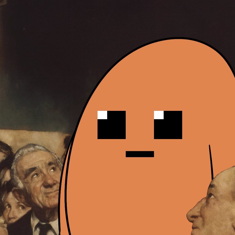 노인들이 바라보는 고전 회화 위에 겹쳐진 Potatoz 밈 캐릭터