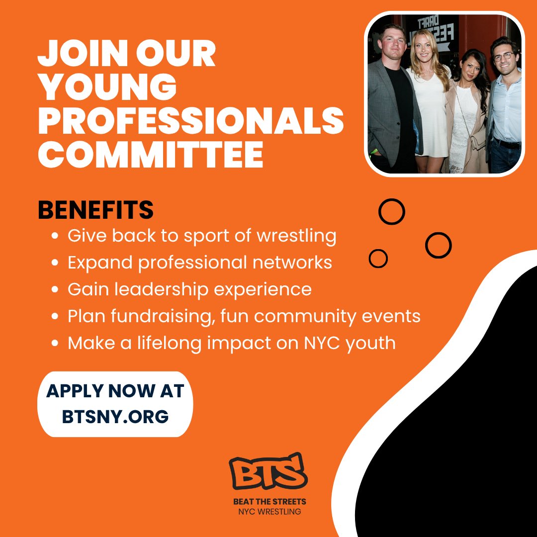 BeattheStreets's tweet image. 🚨 Now Accepting Applications! 🚨

Join the #BeatTheStreets Young Professionals Committee and make a real impact through the sport of #wrestling.

👉 Apply today: forms.gle/WFRYdScv6SBFZT…

#YoungProfessionals #Leadership #NYC #Nonprofit #WrestlingWorks #YouthDevelopment