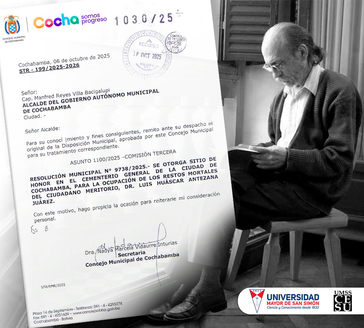 CESU_UMSS's tweet image. Resolución municipal N° 9738/2025 del Honorable Consejo Municipal de Cochabamba otorga sitial de honor en el cementerio general de la ciudad a los restos mortales del ciudadano meritorio PhD Luis Huascar “Cachin” Antezana Juarez