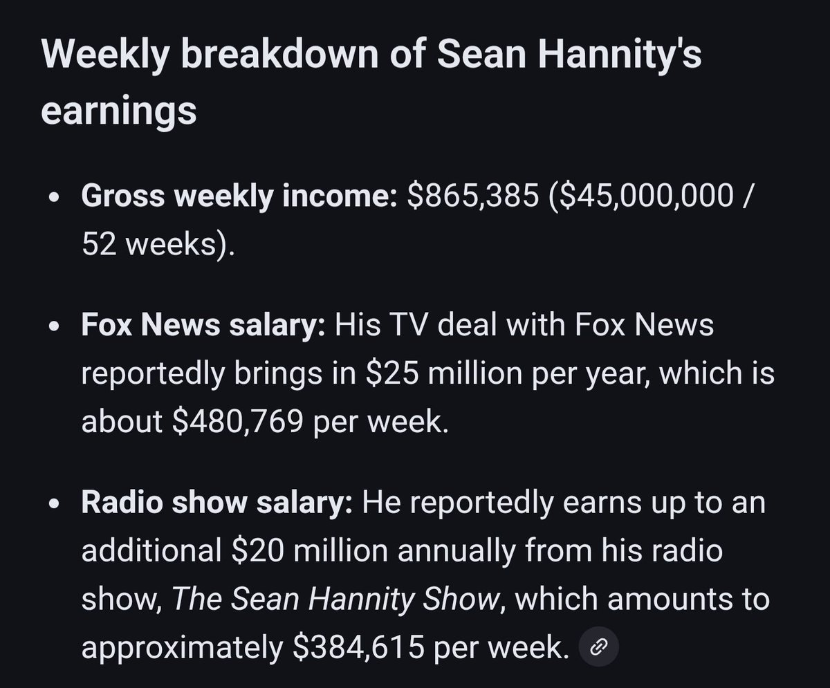 305MRFIXIT's tweet image. This should outrage the entire population of the #USA. How is this even a thing???
$865,385.00 a WEEK...? This guy is getting PAID for spewing the lies he is told to, and very well compensated I must say...!!!

@seanhannity @FoxNews

#DoWhatIsRightNotWhatIsEasy #EpsteinSurvivors