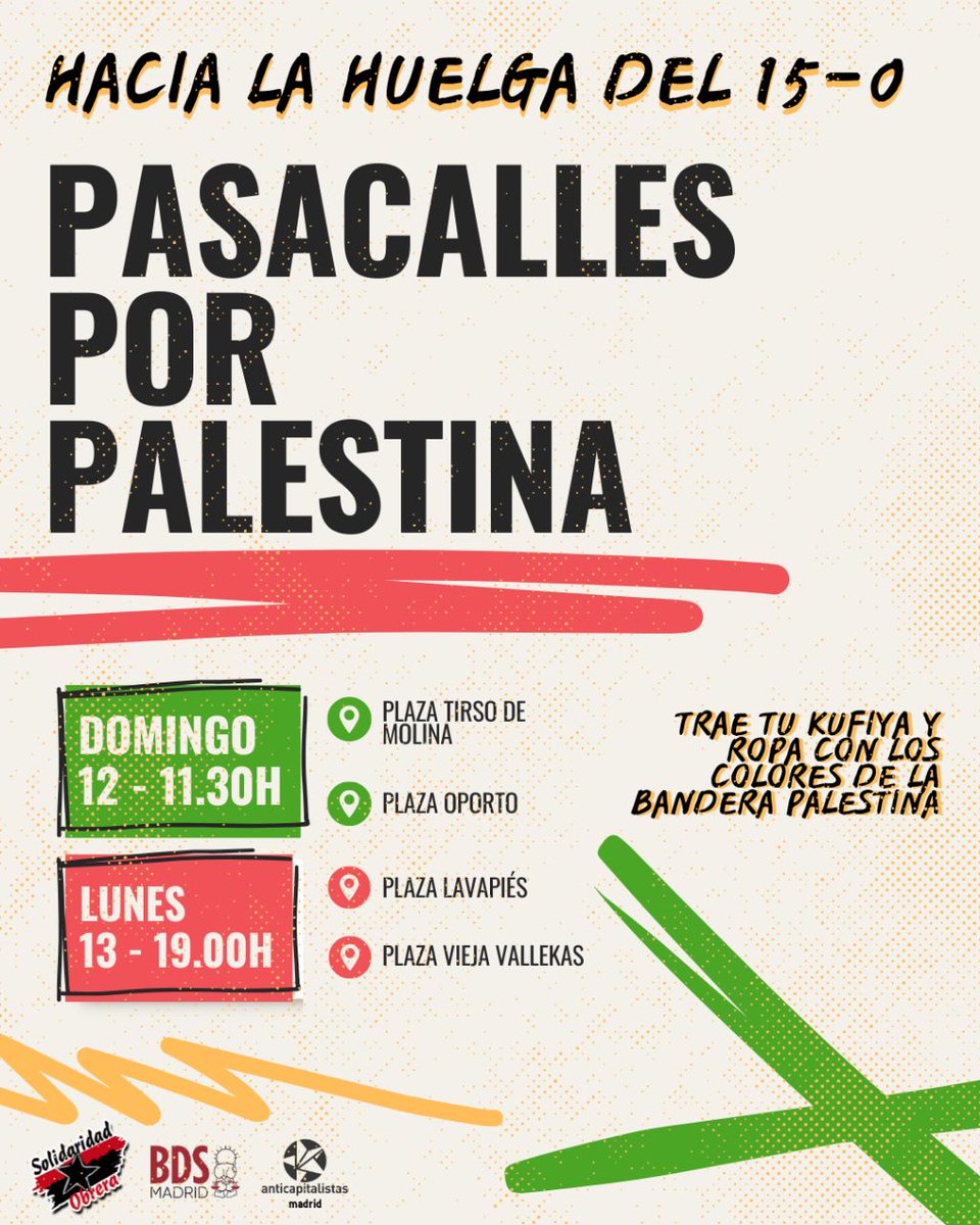 Sigamos movilizándonos por Palestina. Extendamos la huelga del 15 de octubre: contra la normalización del sionismo, señalemos la complicidad de gobiernos y empresas en el genocidio, hasta la liberación total de Palestina.

¡Ven a los pascalles!